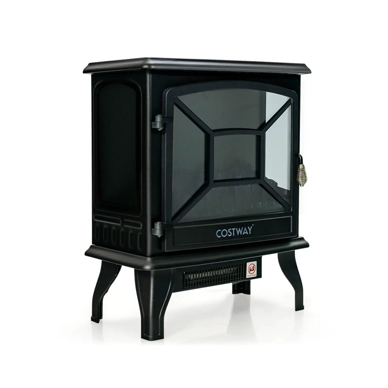 1400W Electric Stove Heater with 3-Level Flame Effect and 3-Sided View-Black by DirectDeals
