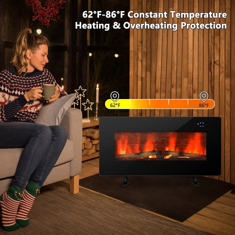 36 Inch Electric Wall Mounted Freestanding Fireplace with Remote Control-Black by DirectDeals