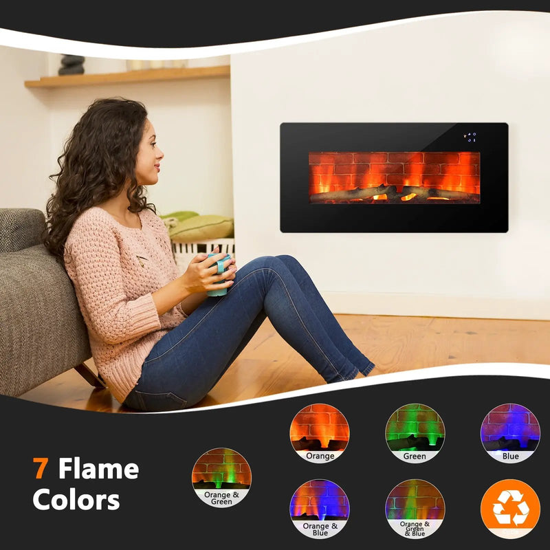 36 Inch Electric Wall Mounted Freestanding Fireplace with Remote Control-Black by DirectDeals