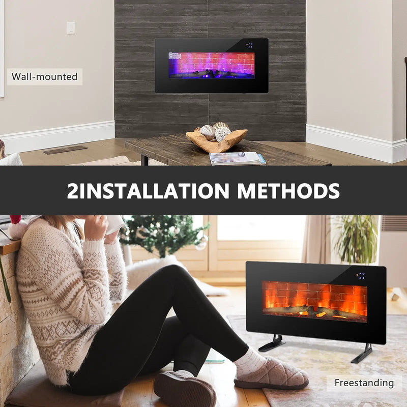36 Inch Electric Wall Mounted Freestanding Fireplace with Remote Control-Black by DirectDeals