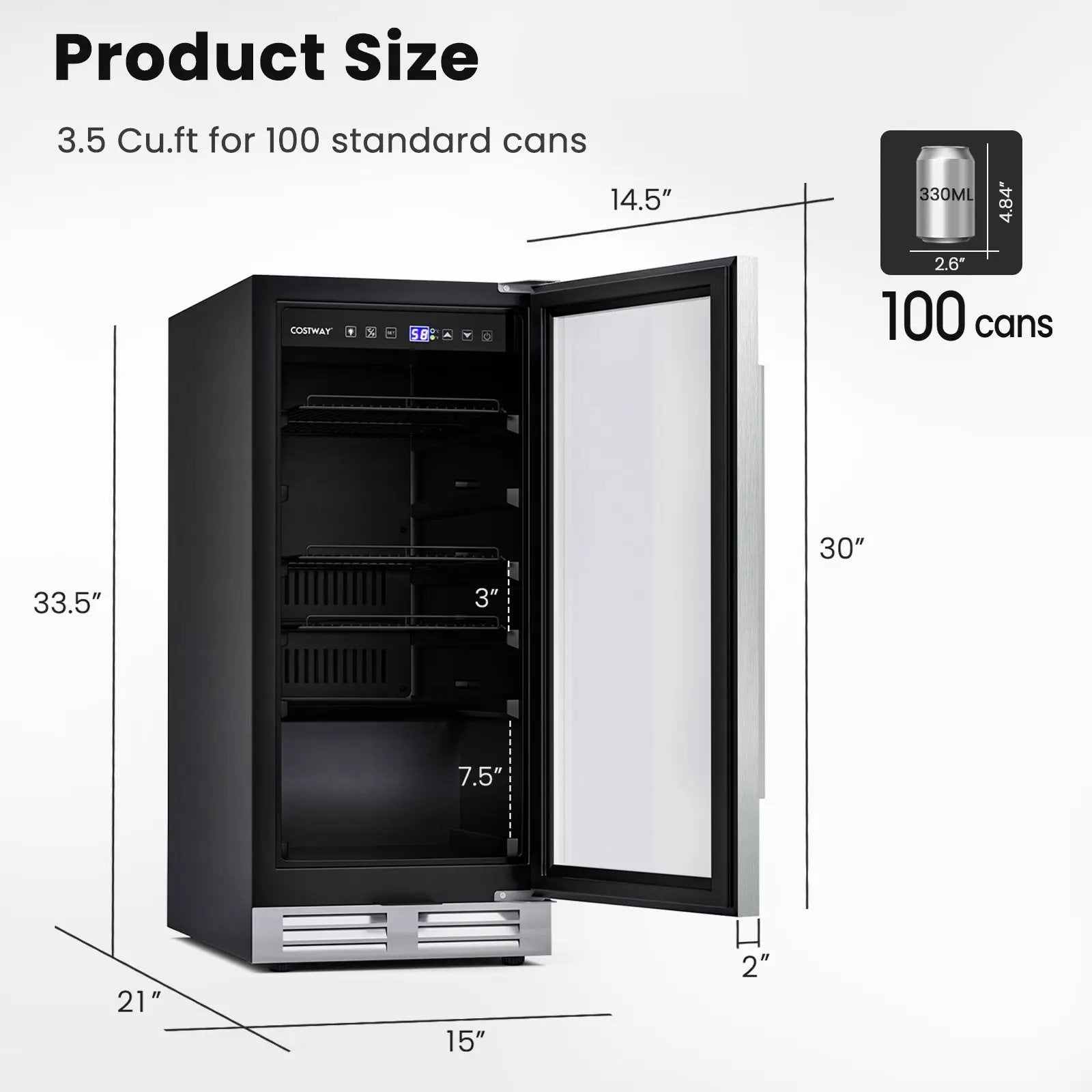 15 Inch 100 Can Built-in Freestanding Beverage Cooler Refrigerator with Adjustable Temperature and Shelf-Silver by DirectDeals