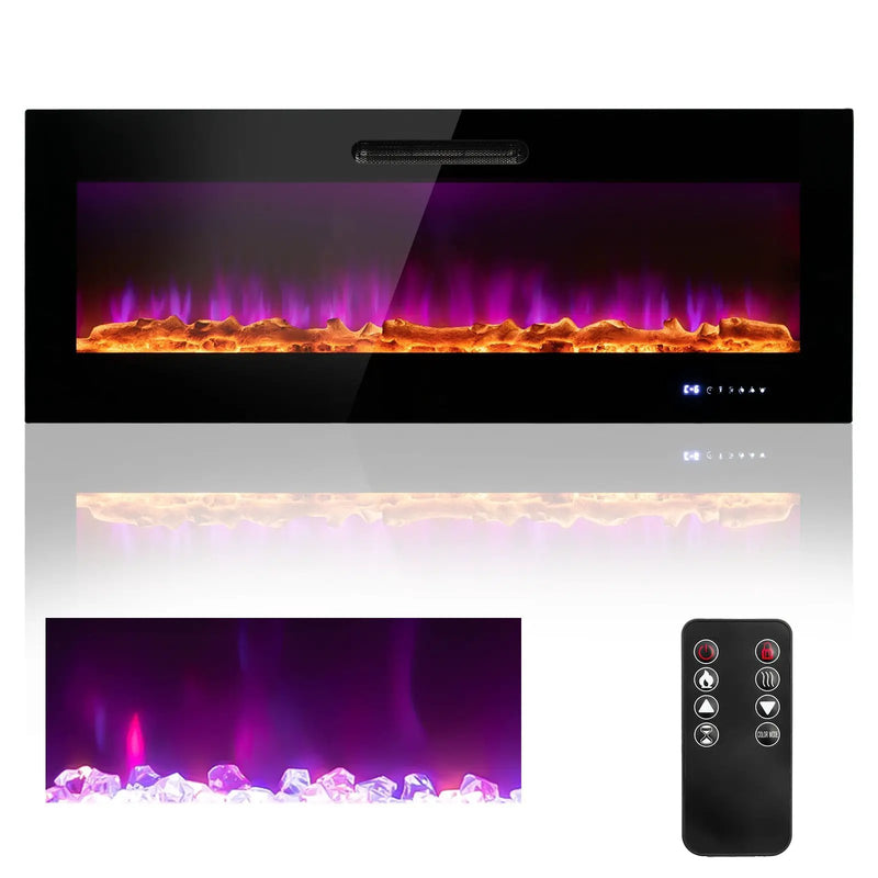 50/60 Inch Wall Mounted Recessed Electric Fireplace with Decorative Crystal and Log by DirectDeals