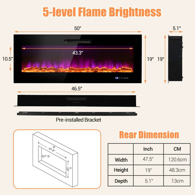 50/60 Inch Wall Mounted Recessed Electric Fireplace with Decorative Crystal and Log by DirectDeals
