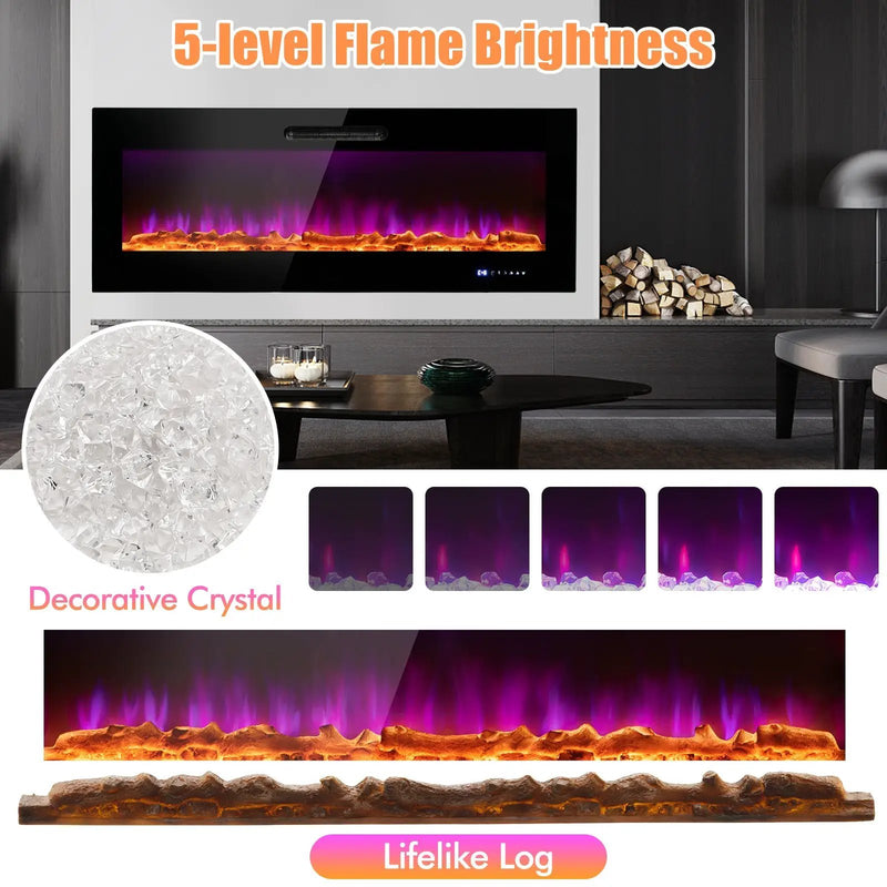 50/60 Inch Wall Mounted Recessed Electric Fireplace with Decorative Crystal and Log by DirectDeals
