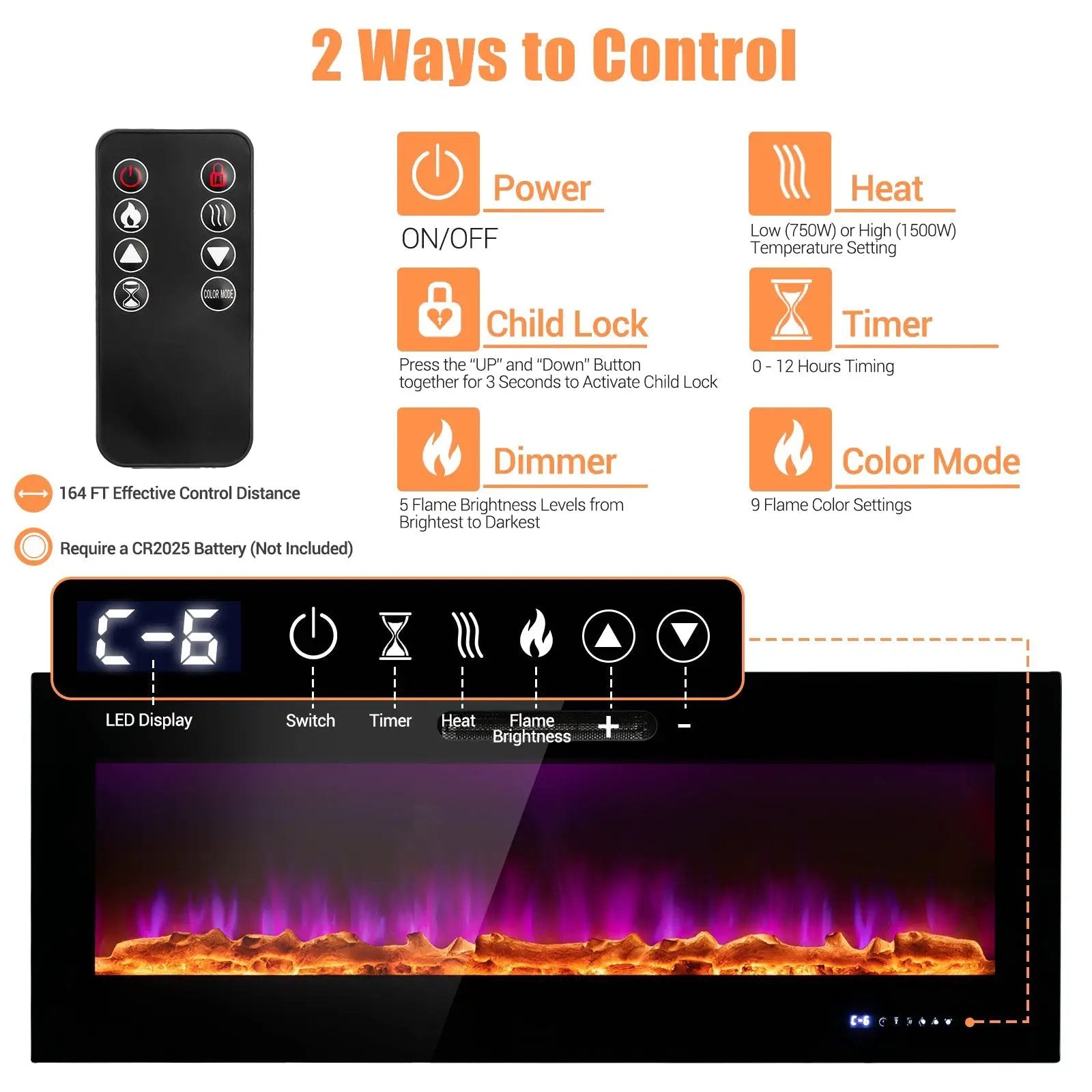 50/60 Inch Wall Mounted Recessed Electric Fireplace with Decorative Crystal and Log by DirectDeals