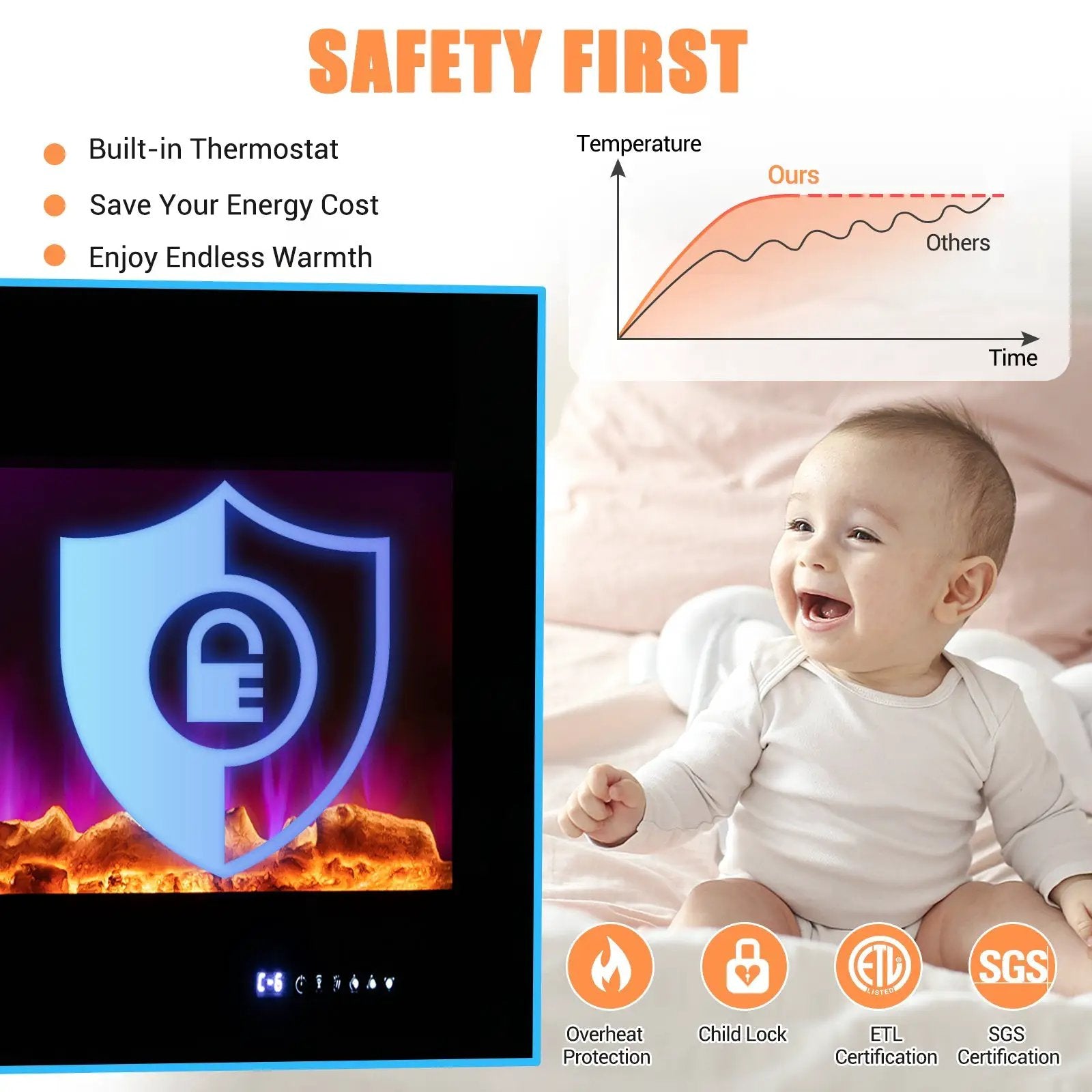 50/60 Inch Wall Mounted Recessed Electric Fireplace with Decorative Crystal and Log by DirectDeals
