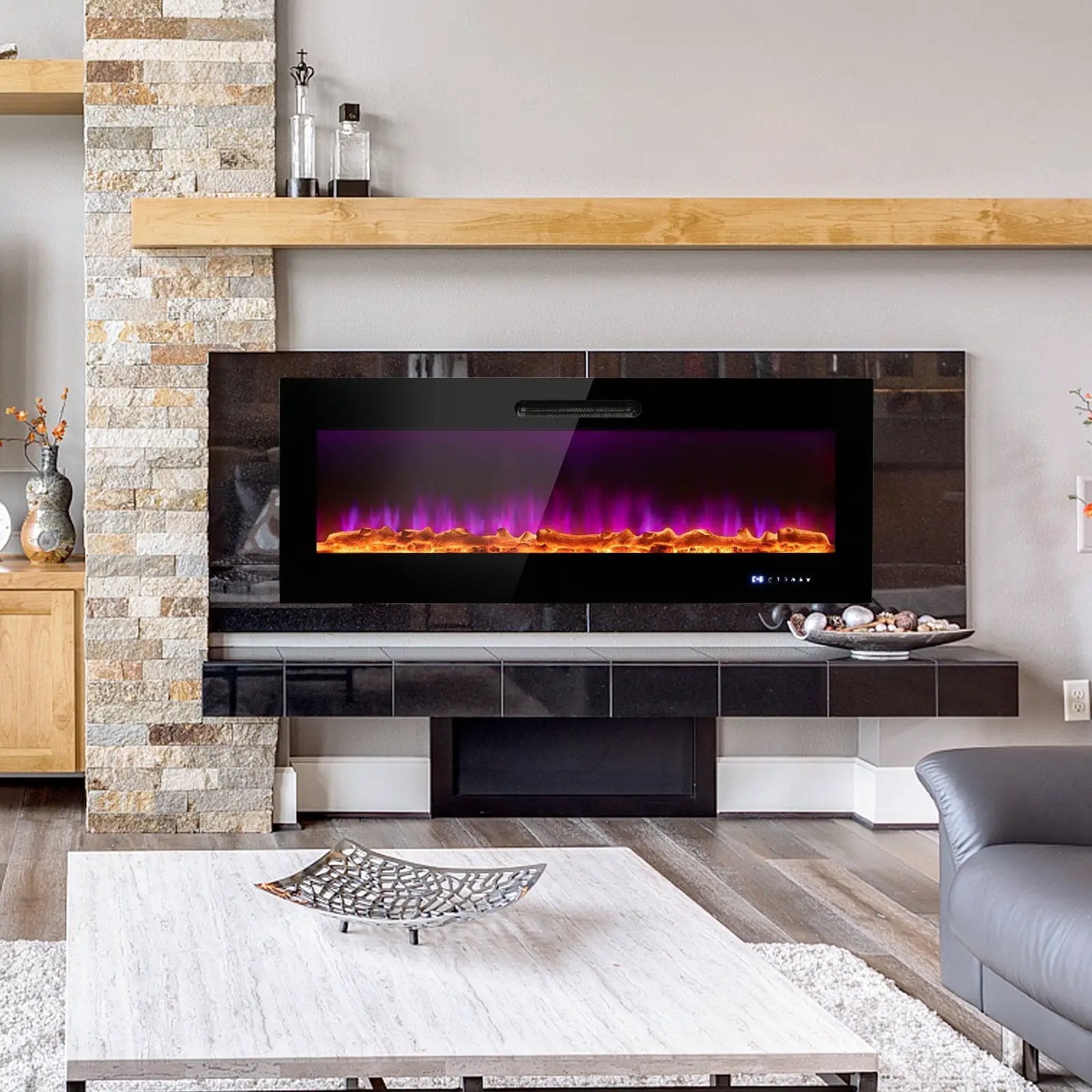 50/60 Inch Wall Mounted Recessed Electric Fireplace with Decorative Crystal and Log by DirectDeals