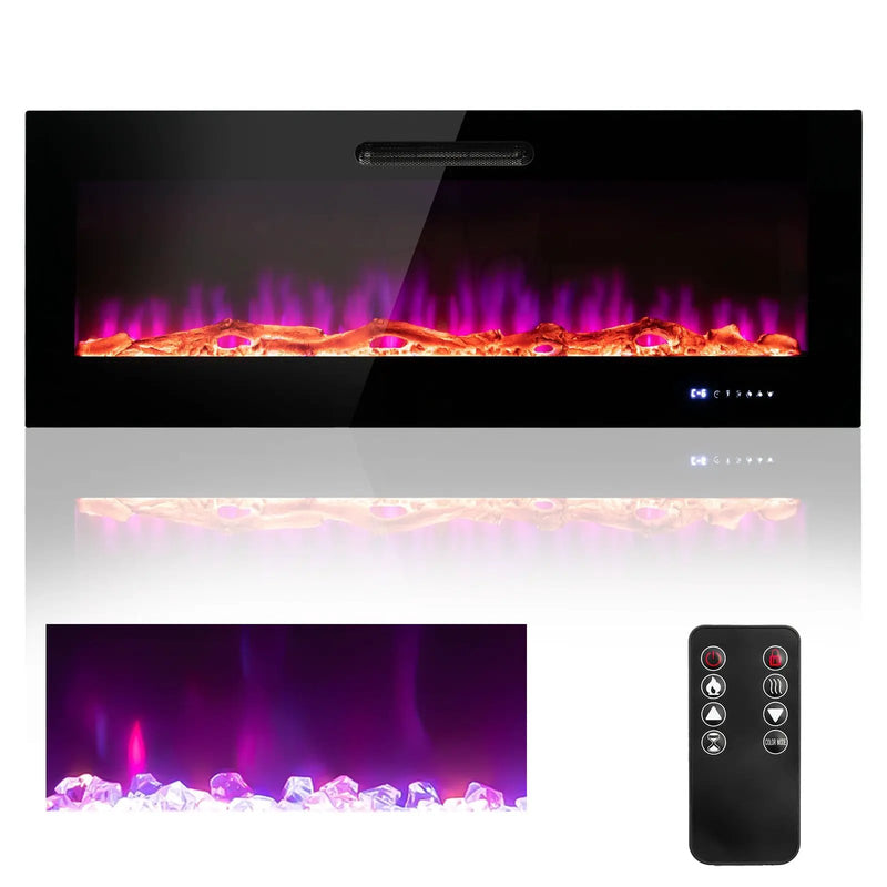 50/60 Inch Wall Mounted Recessed Electric Fireplace with Decorative Crystal and Log by DirectDeals