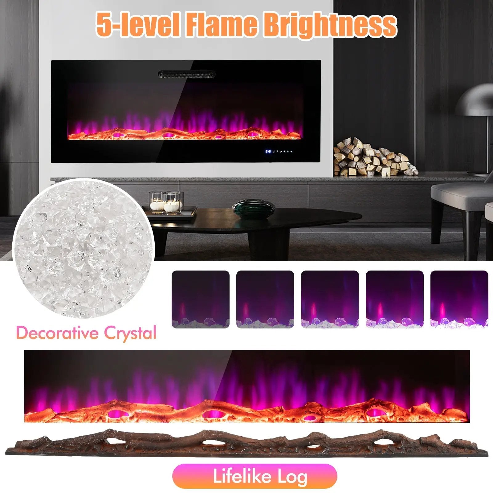 50/60 Inch Wall Mounted Recessed Electric Fireplace with Decorative Crystal and Log by DirectDeals