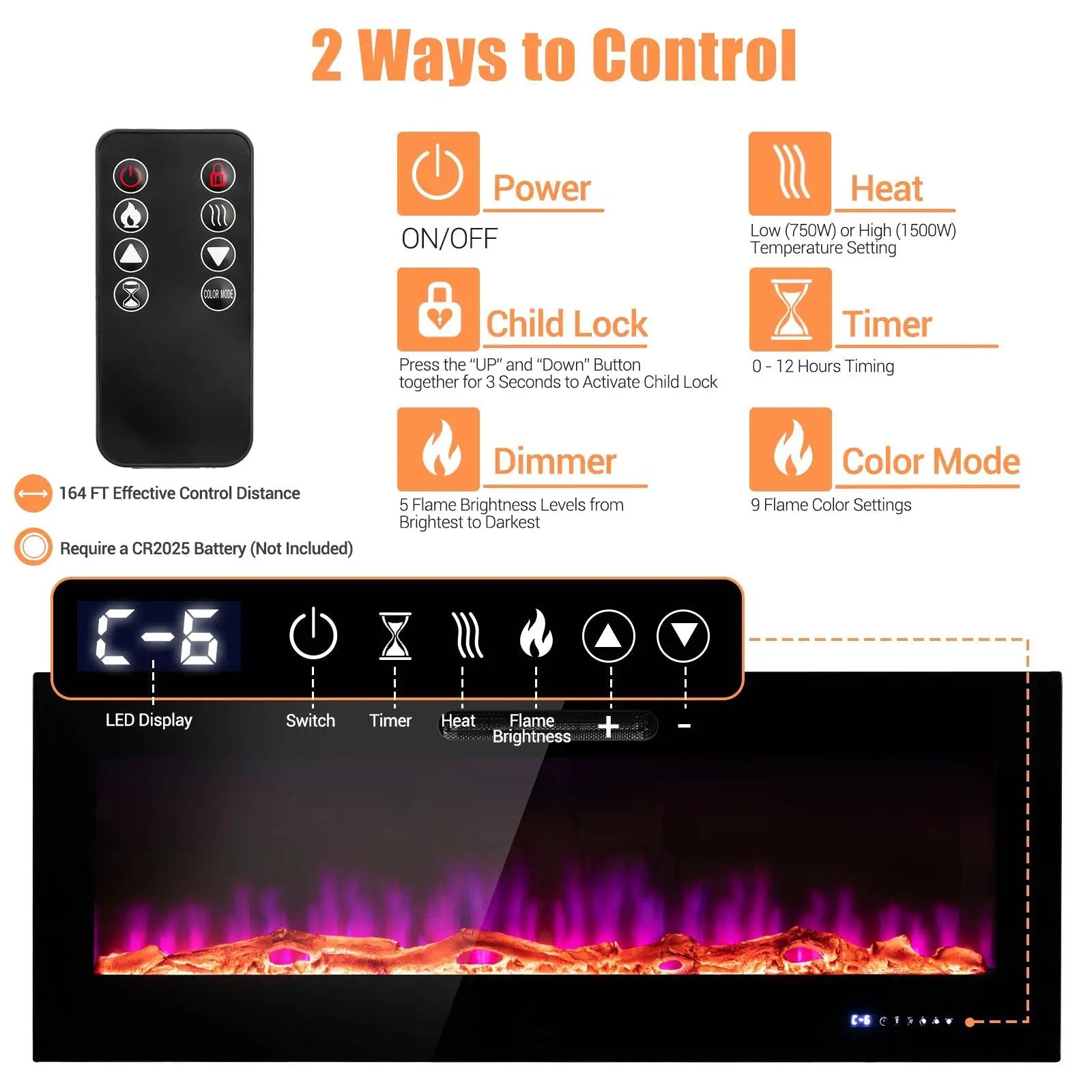 50/60 Inch Wall Mounted Recessed Electric Fireplace with Decorative Crystal and Log by DirectDeals