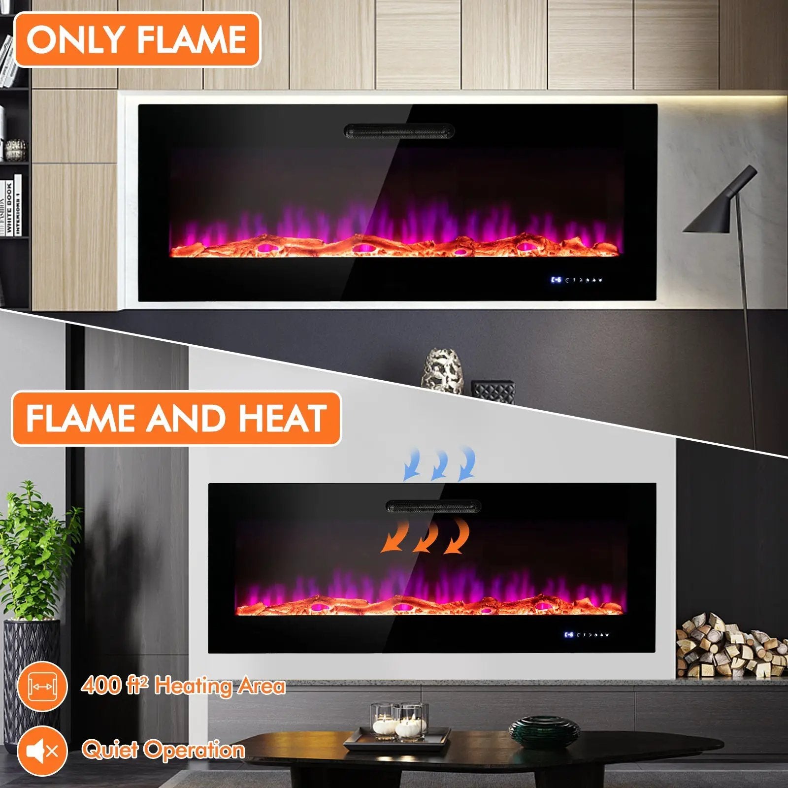 50/60 Inch Wall Mounted Recessed Electric Fireplace with Decorative Crystal and Log by DirectDeals