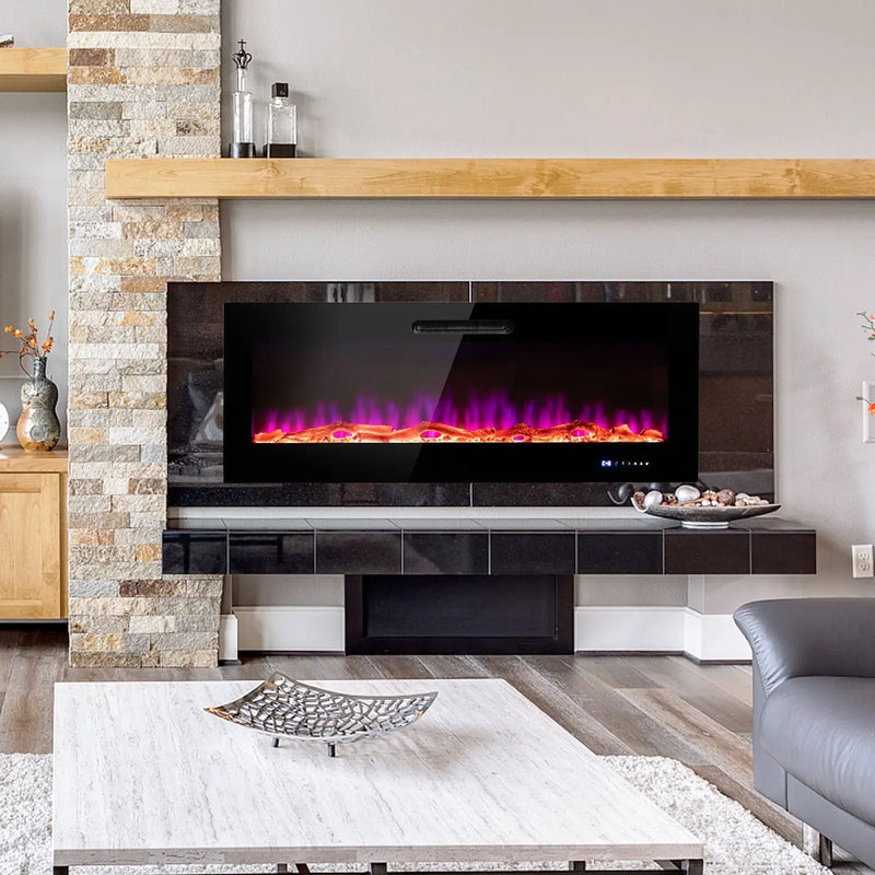 50/60 Inch Wall Mounted Recessed Electric Fireplace with Decorative Crystal and Log by DirectDeals