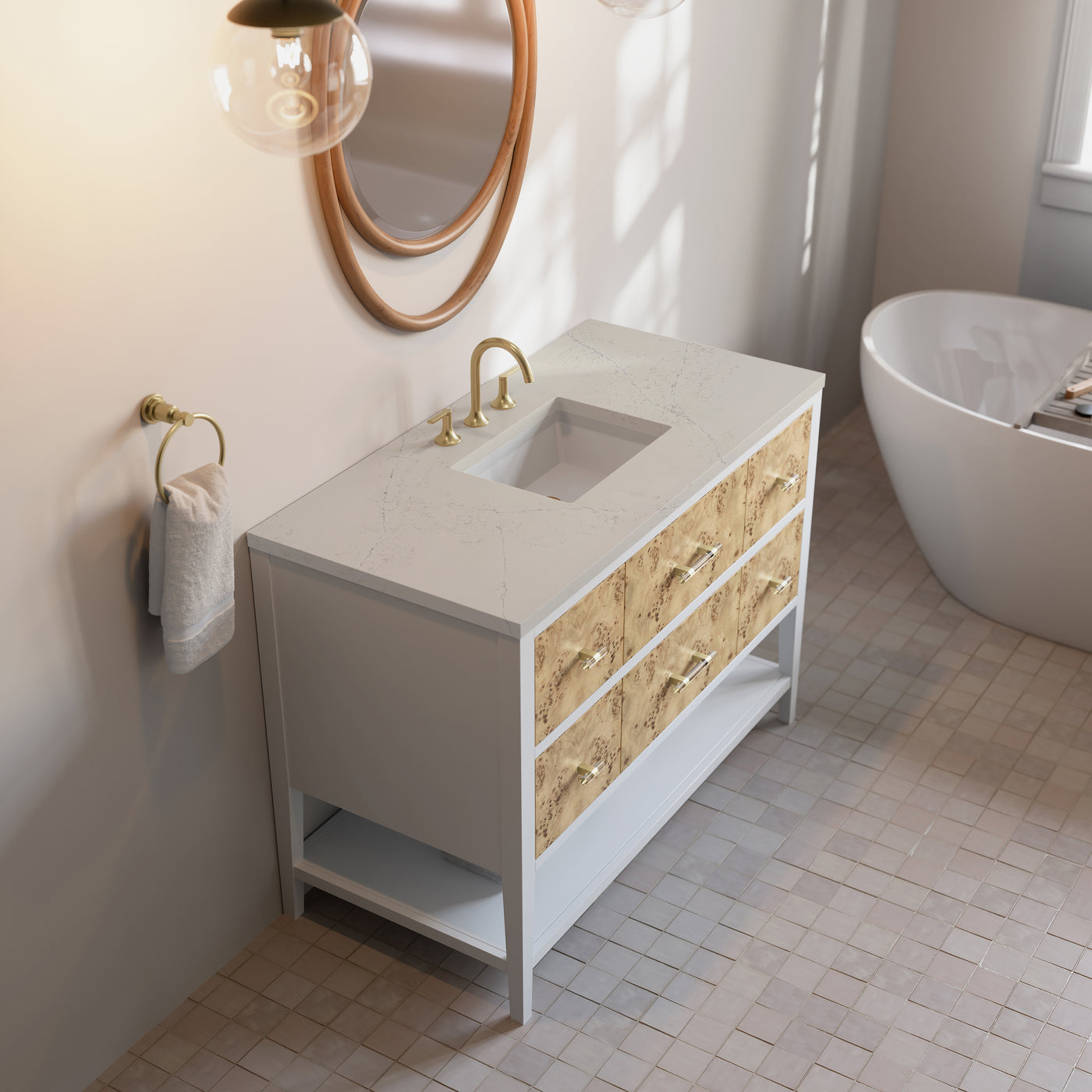 James Martin Olena 48" Single Bathroom Vanity, Polished White and Light Mappa Burl, view 31