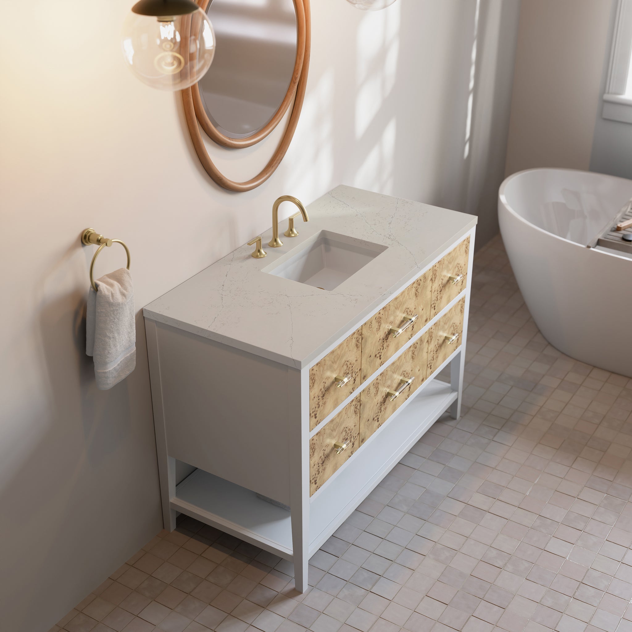 James Martin Olena 48" Single Bathroom Vanity, Polished White and Light Mappa Burl, view 31
