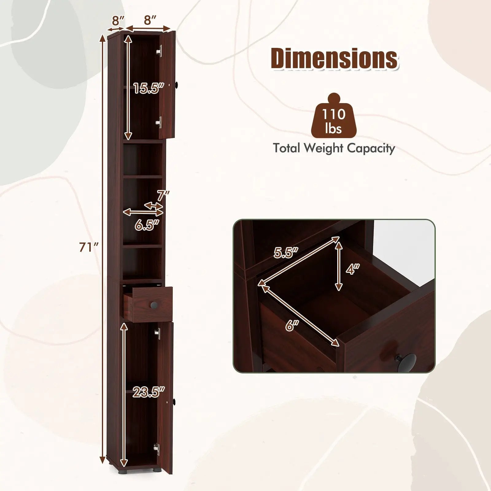 Freestanding Slim Bathroom Cabinet with Drawer and Adjustable Shelves by DirectDeals