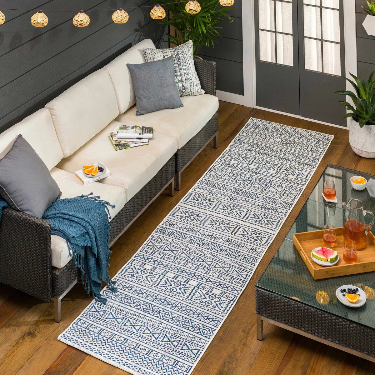 Freshwater White&Blue Outdoor Rug - Clearance, installed in a room 2