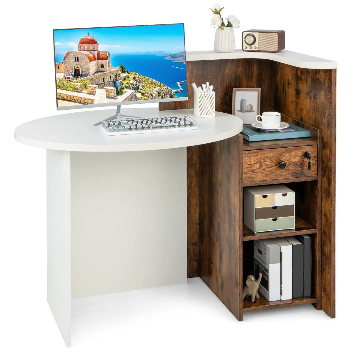 Front Reception Office Desk with Open Shelf and Drawer, photo 3 of 9