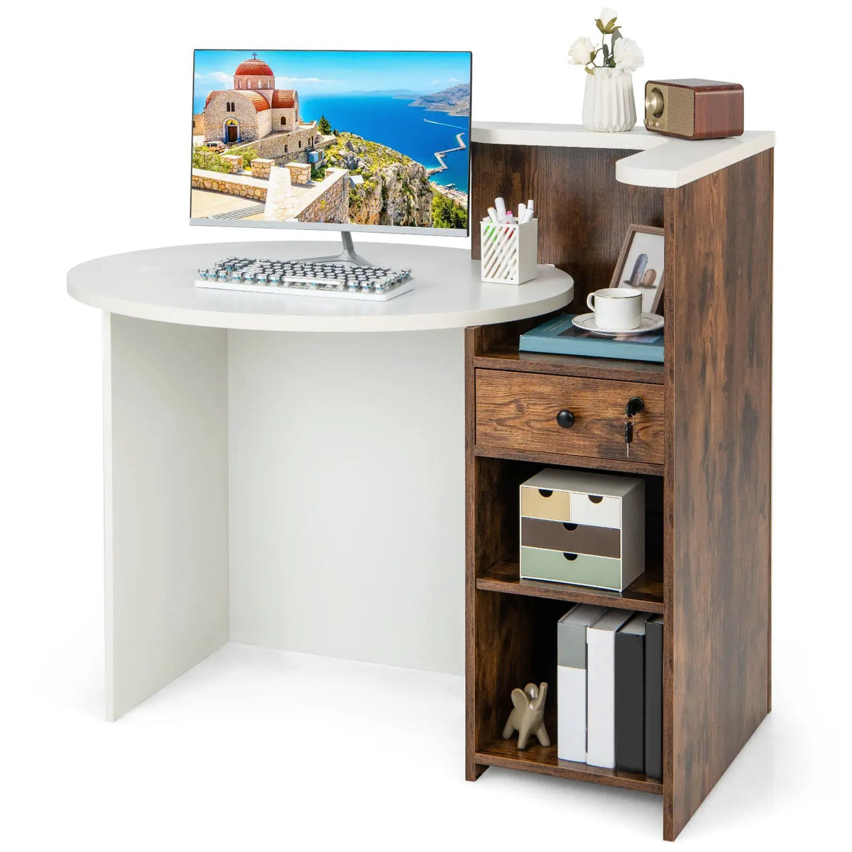 Front Reception Office Desk with Open Shelf and Drawer, photo 4 of 9