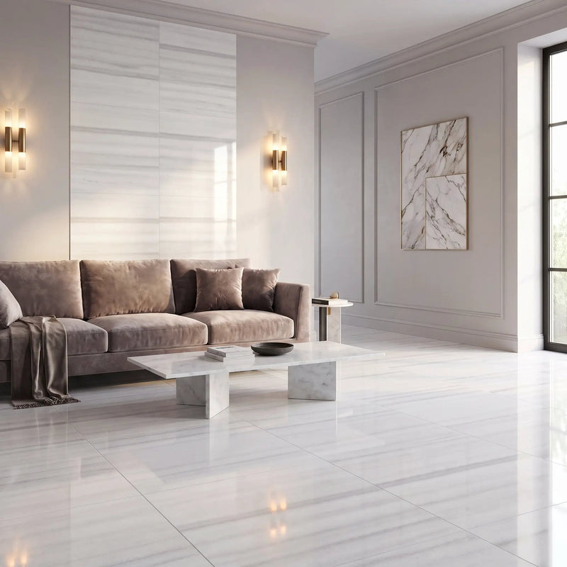 Mink White Polished Marble Tiles 24x24 by Stonetiledepot