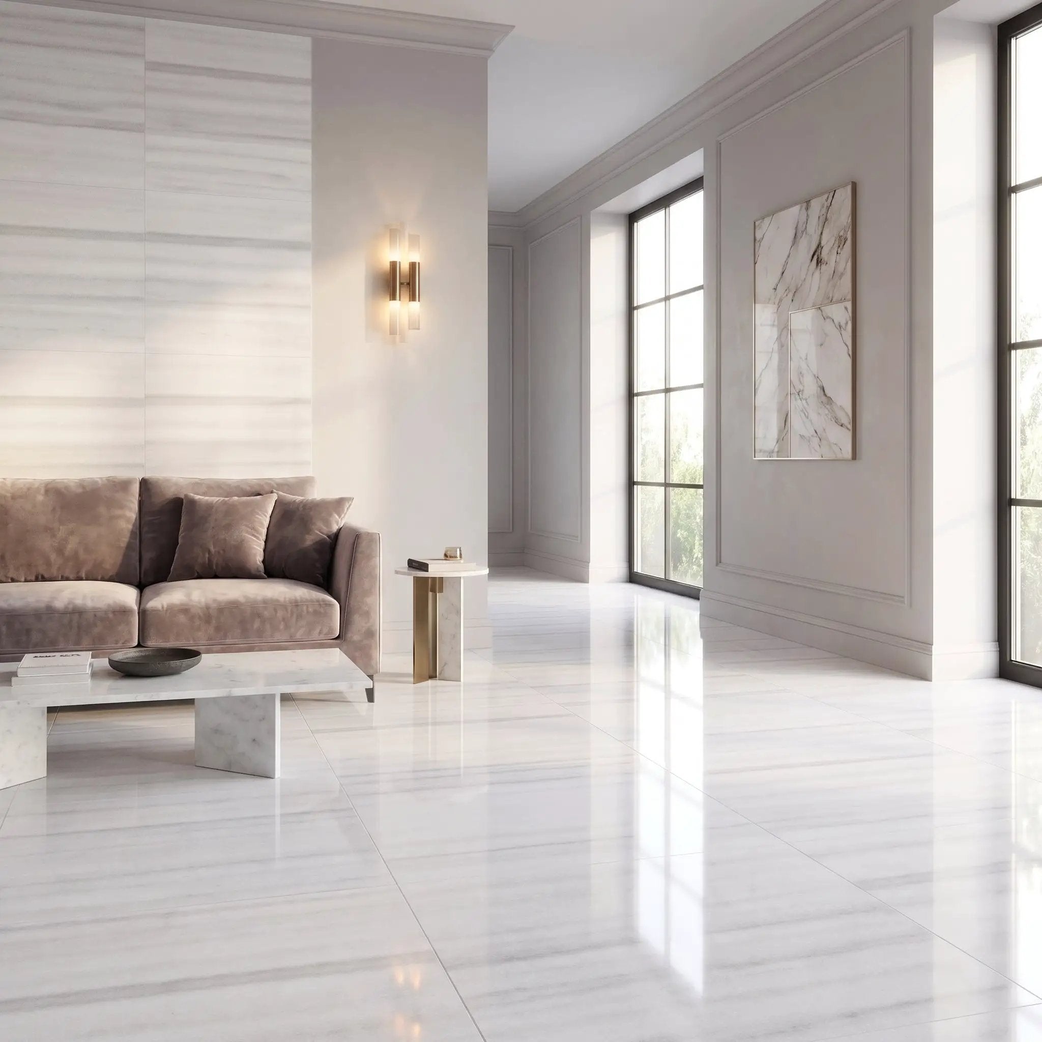 Mink White Polished Marble Tiles 24x24 by Stonetiledepot