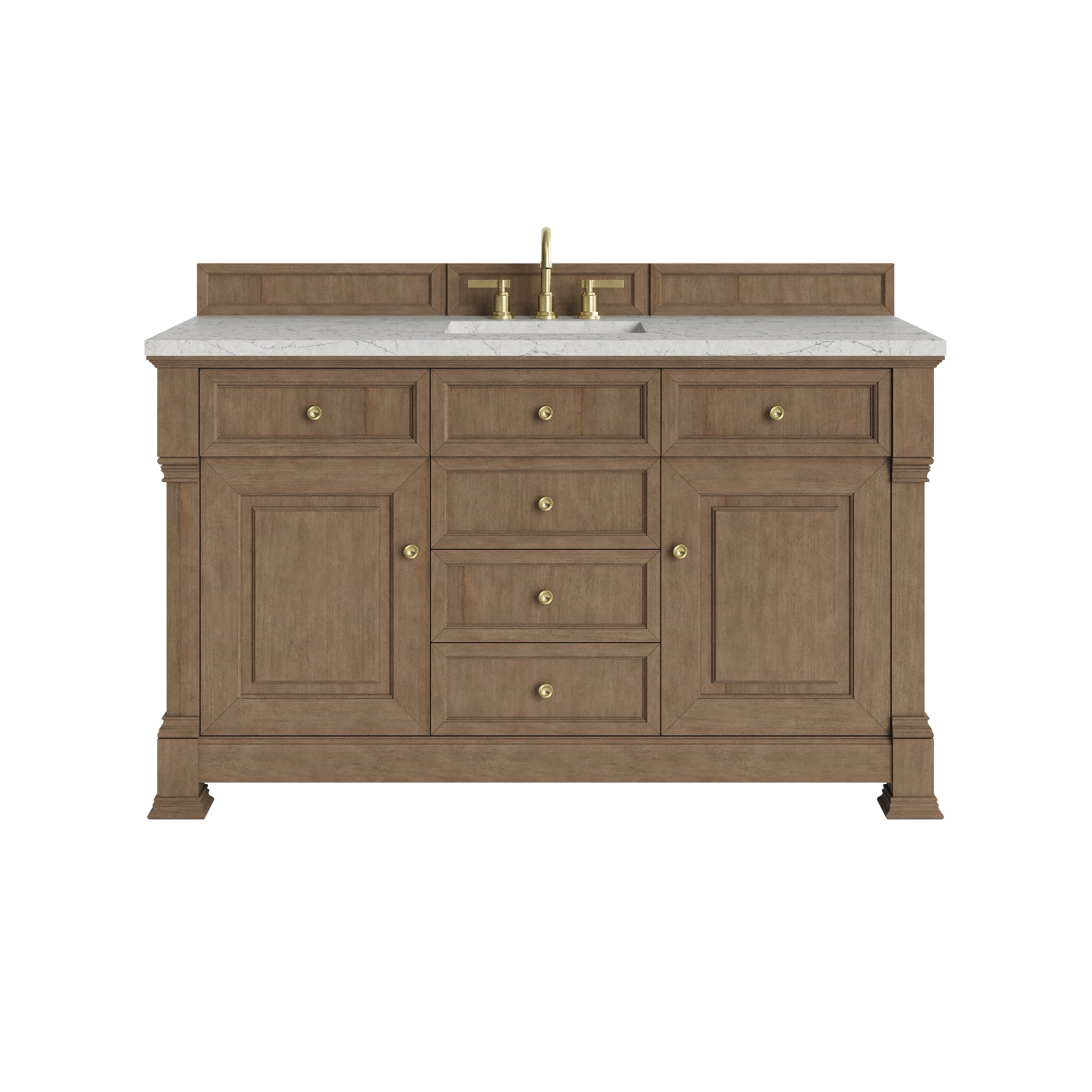 James Martin Brookfield 60" Single Bathroom Vanity, Pecan with Eternal Jasmine Pearl countertop