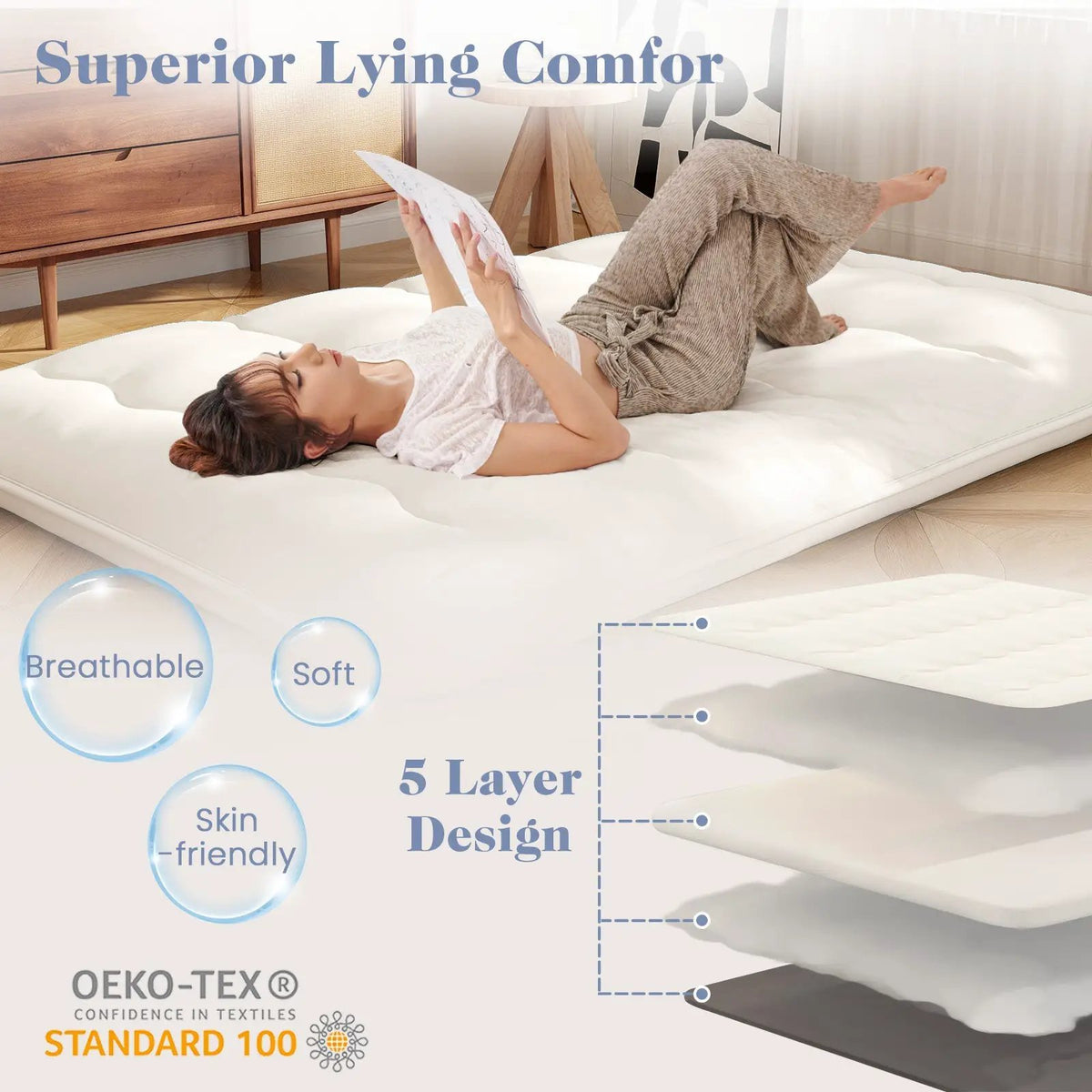 Queen/King/Twin/Full Futon Mattress Floor Sleeping Pad with Washable Cover Beige, photo 7 of 11