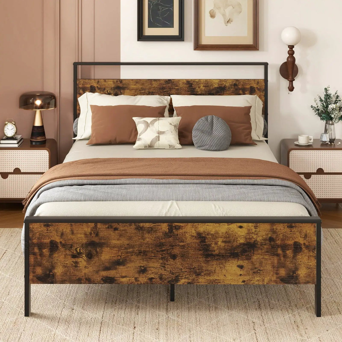 King Metal Bed Frame Industrial Platform Bed with Wooden Headboard, photo 2 of 11