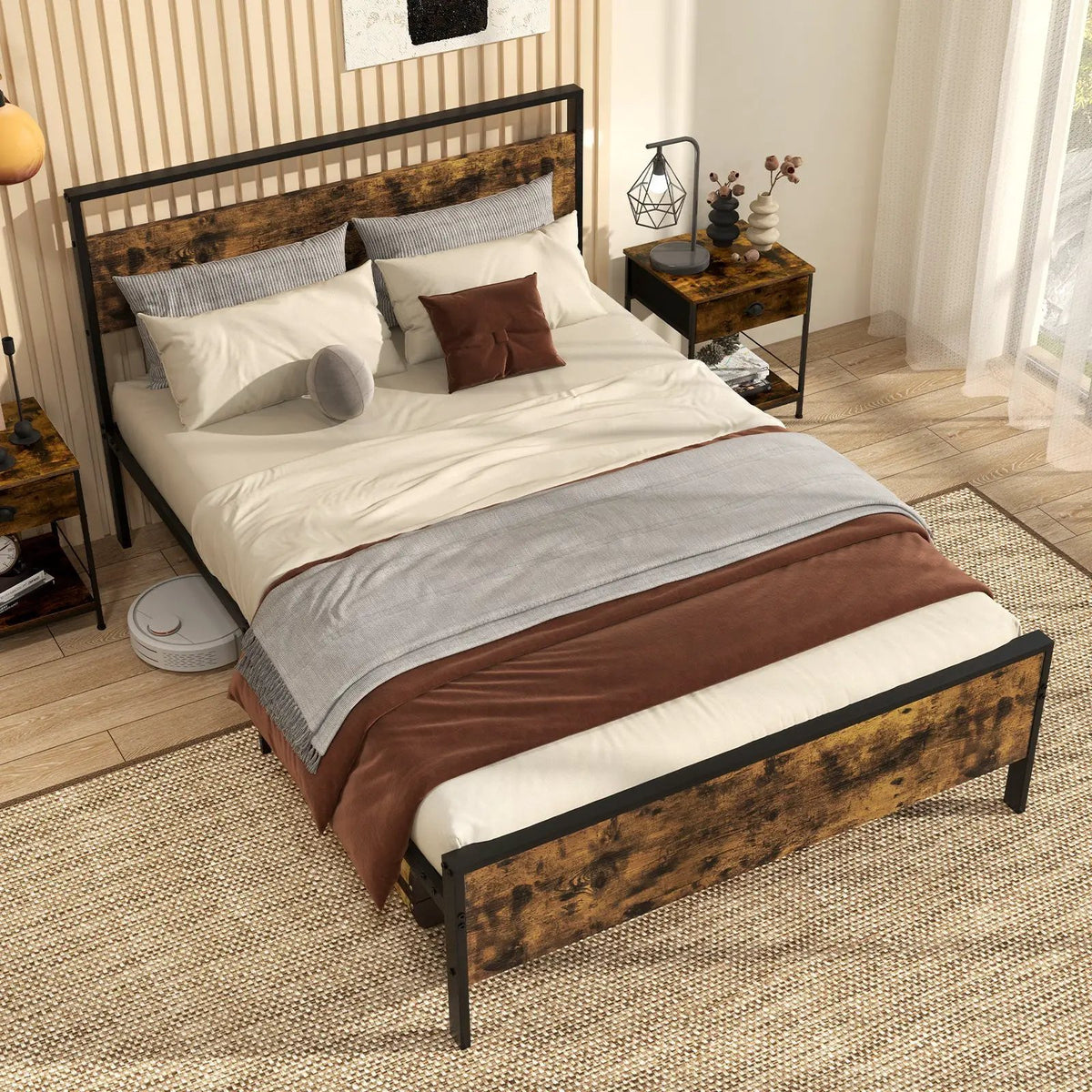 King Metal Bed Frame Industrial Platform Bed with Wooden Headboard, photo 6 of 11