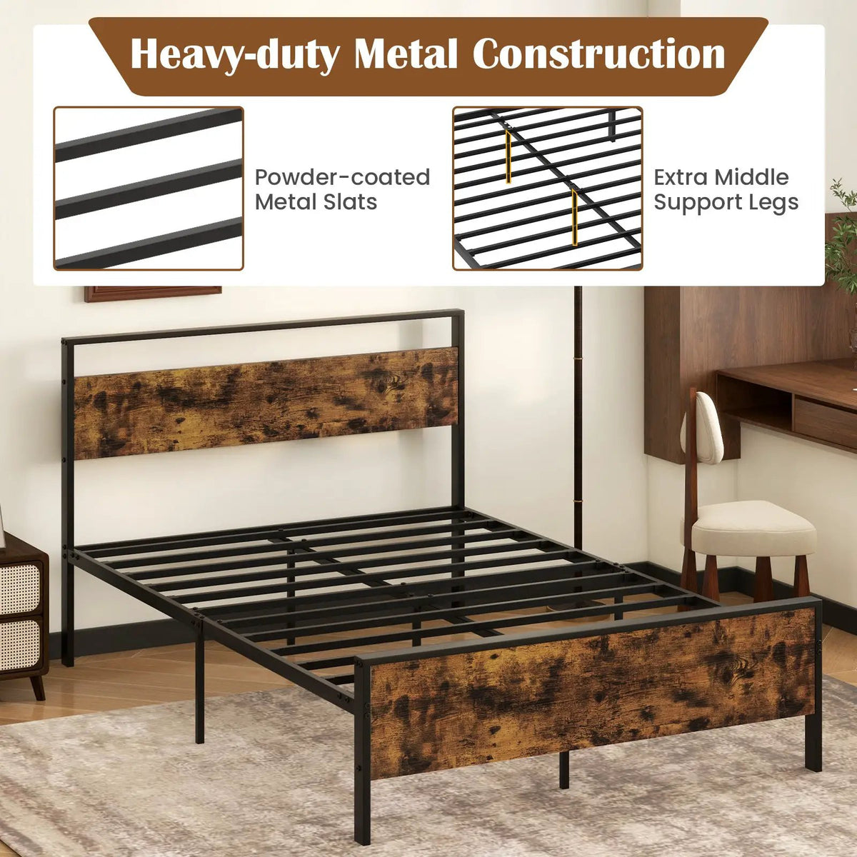 King Metal Bed Frame Industrial Platform Bed with Wooden Headboard, photo 7 of 11