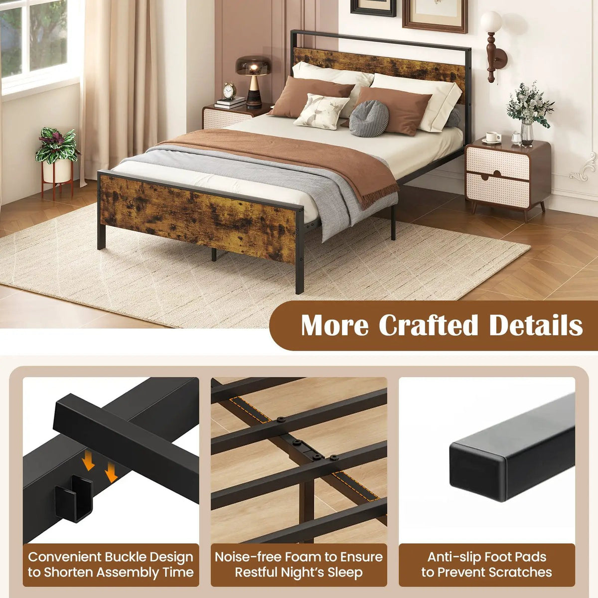 King Metal Bed Frame Industrial Platform Bed with Wooden Headboard, photo 8 of 11