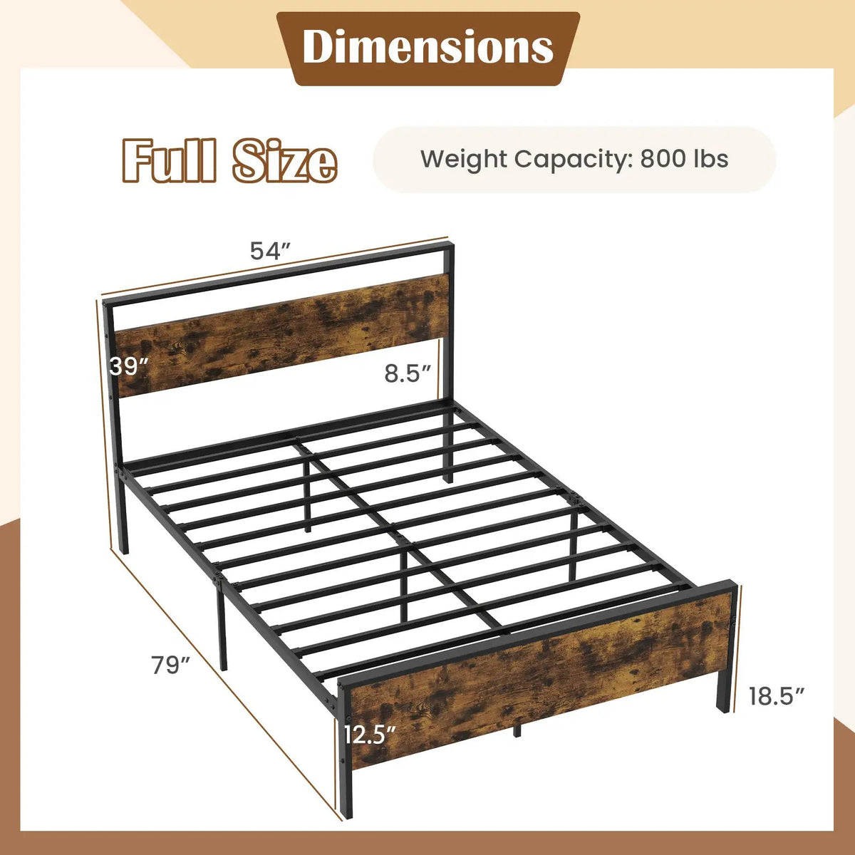 King Metal Bed Frame Industrial Platform Bed with Wooden Headboard, photo 4 of 11