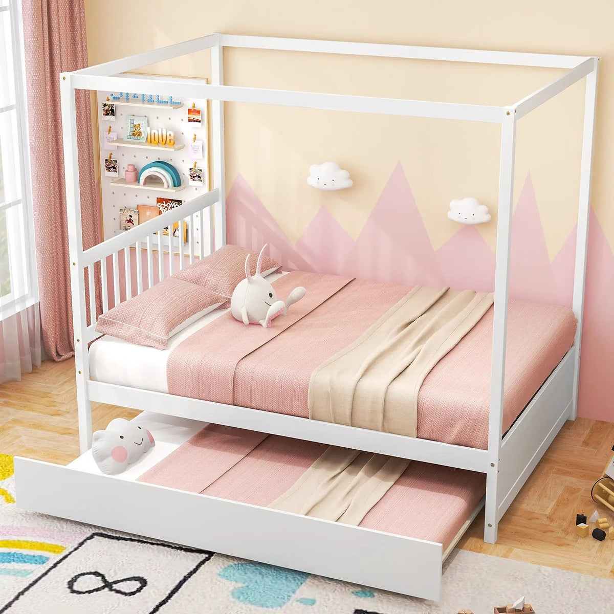 Full Size Canopy Bed with Trundle Wooden Platform Bed Frame Headboard, photo 2 of 9
