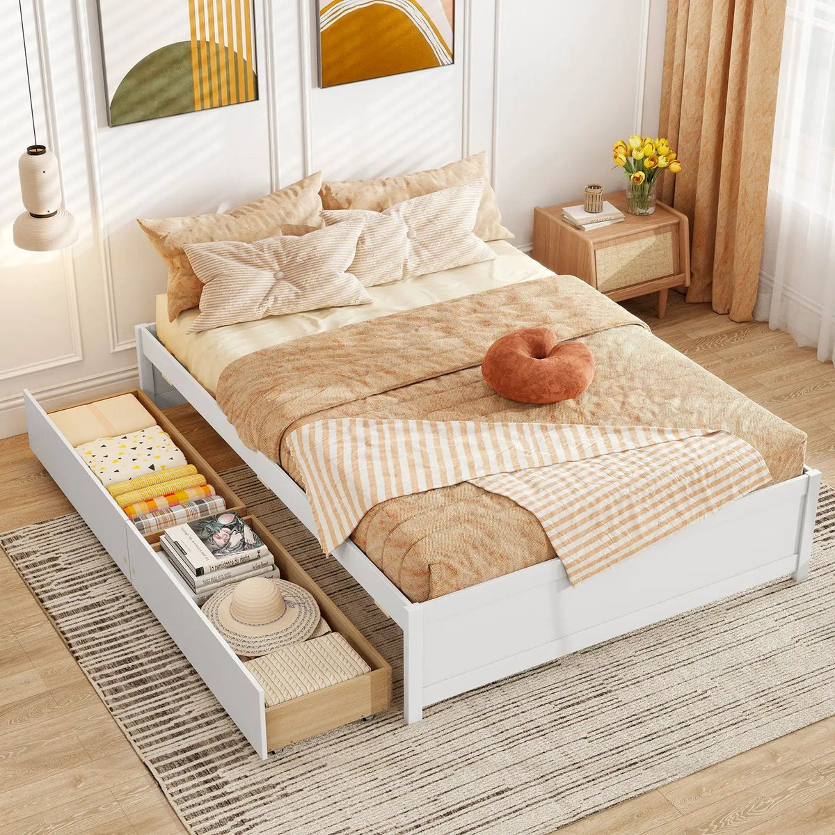 Full Size Wooden Bed Frame with 2 Rolling Storage Drawers
