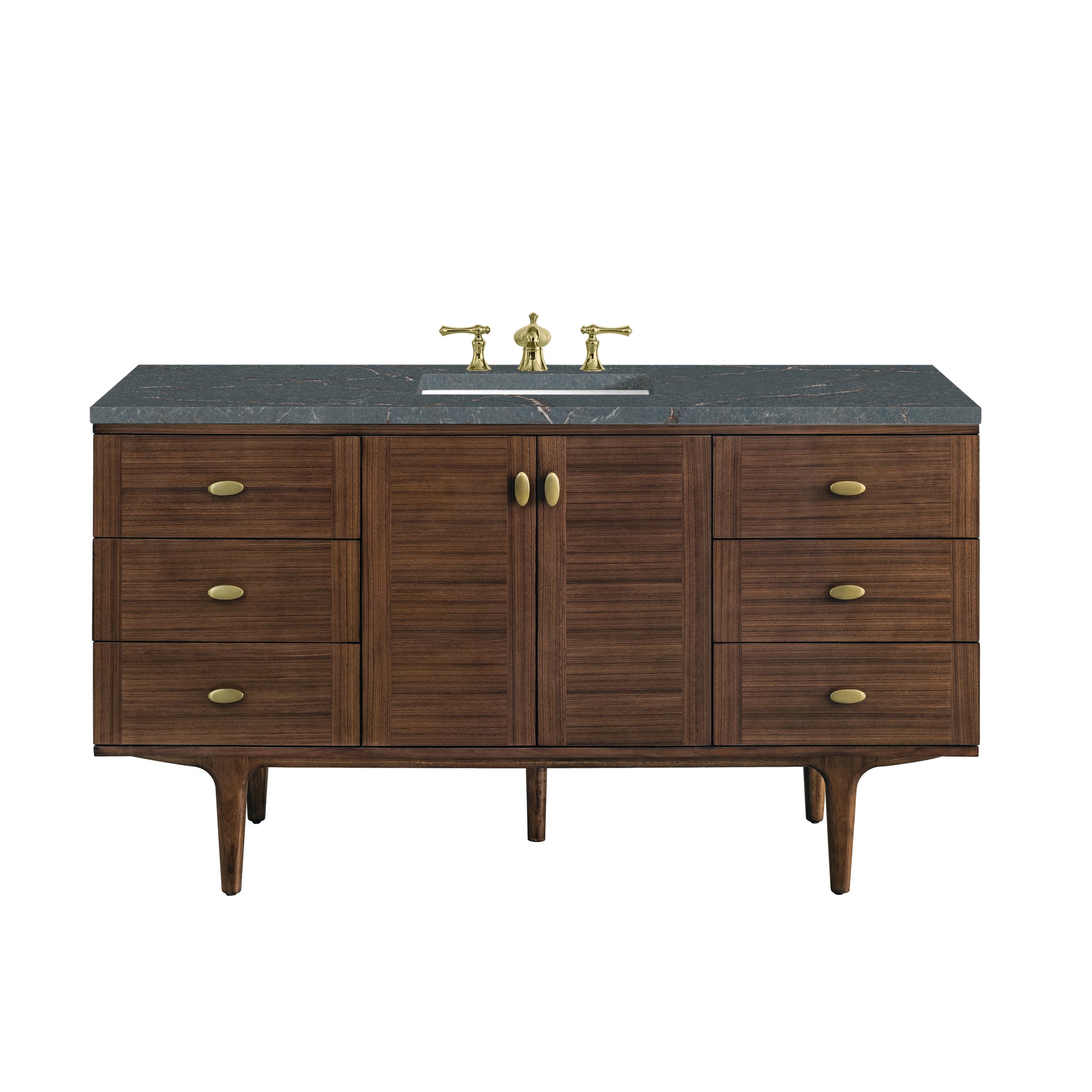 James Martin Amberly 60" Dual Mount Single Bathroom Vanity, Mid-Century Walnut with Parisien Bleu (FreePower) countertop