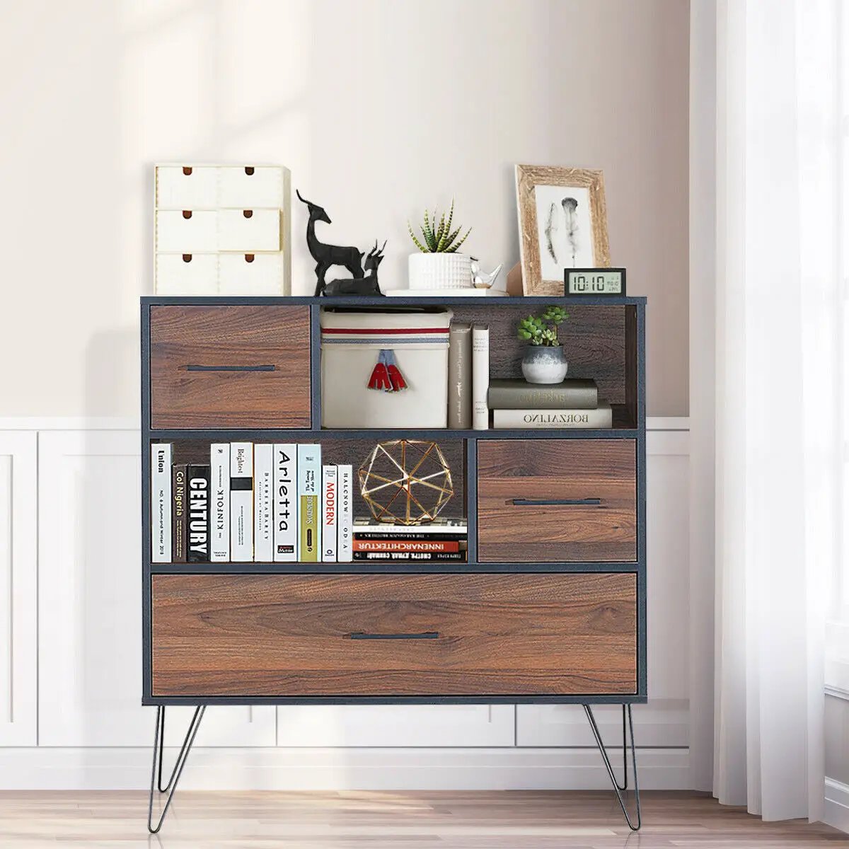 3-Tier Wood Storage Cabinet with Drawers and 4 Metal Legs by DirectDeals