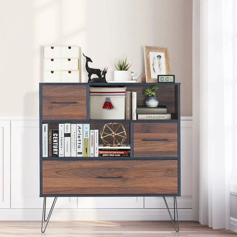 3-Tier Wood Storage Cabinet with Drawers and 4 Metal Legs by DirectDeals