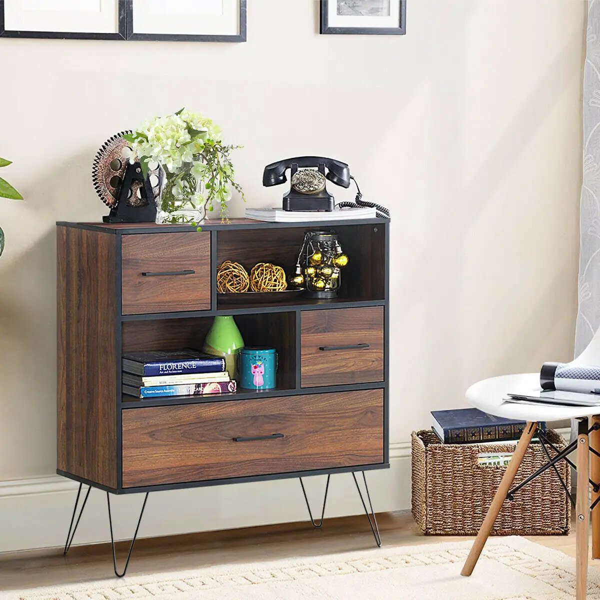 3-Tier Wood Storage Cabinet with Drawers and 4 Metal Legs by DirectDeals