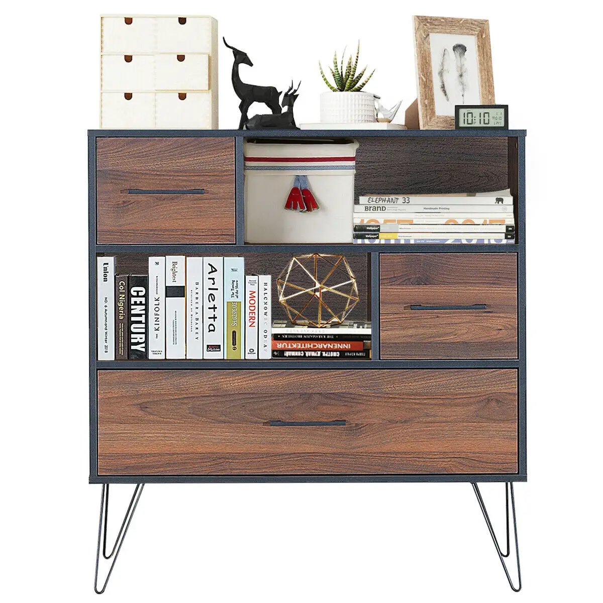 3-Tier Wood Storage Cabinet with Drawers and 4 Metal Legs by DirectDeals
