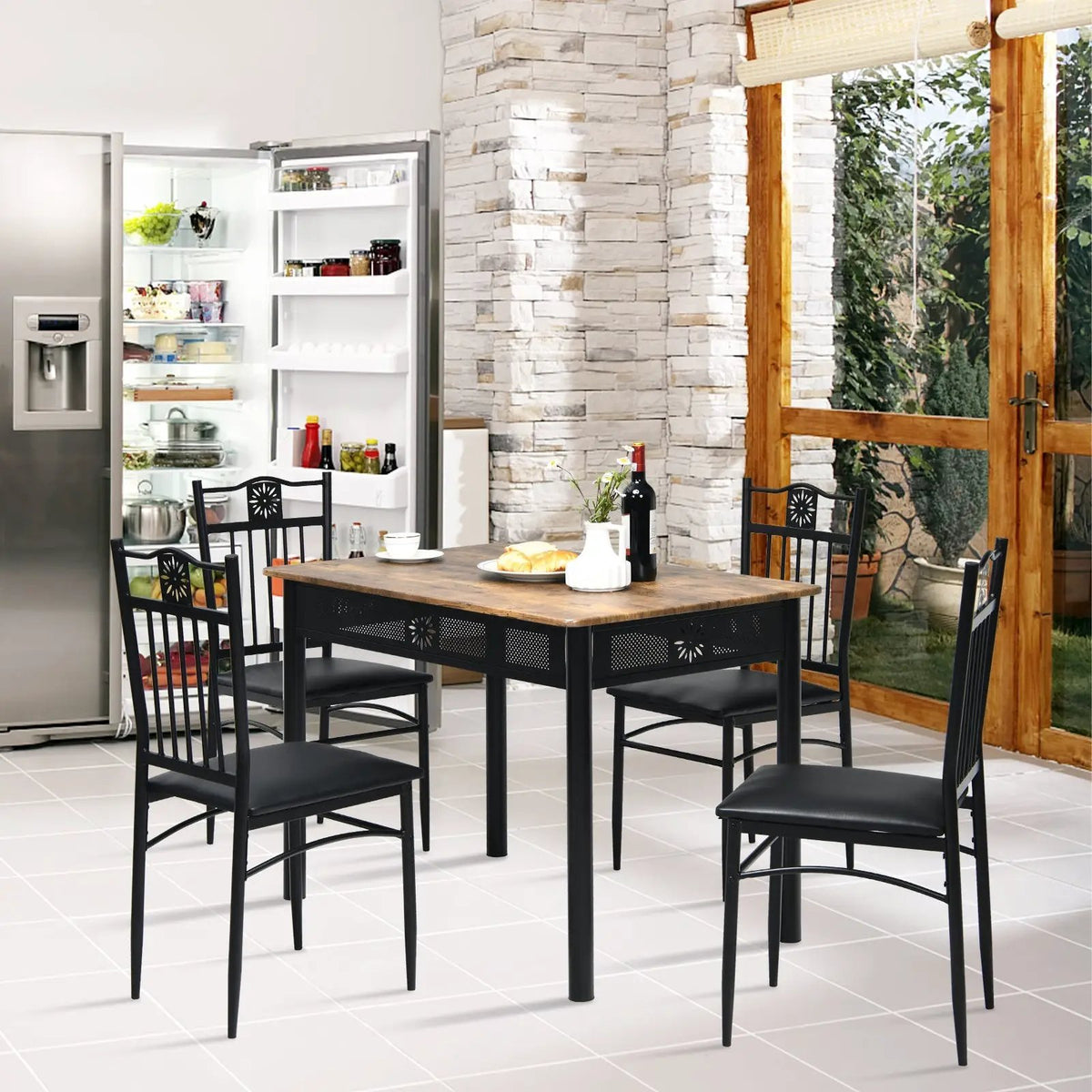 5 Pcs Dining Set Wood Metal Table and 4 Chairs with Cushions by DirectDeals