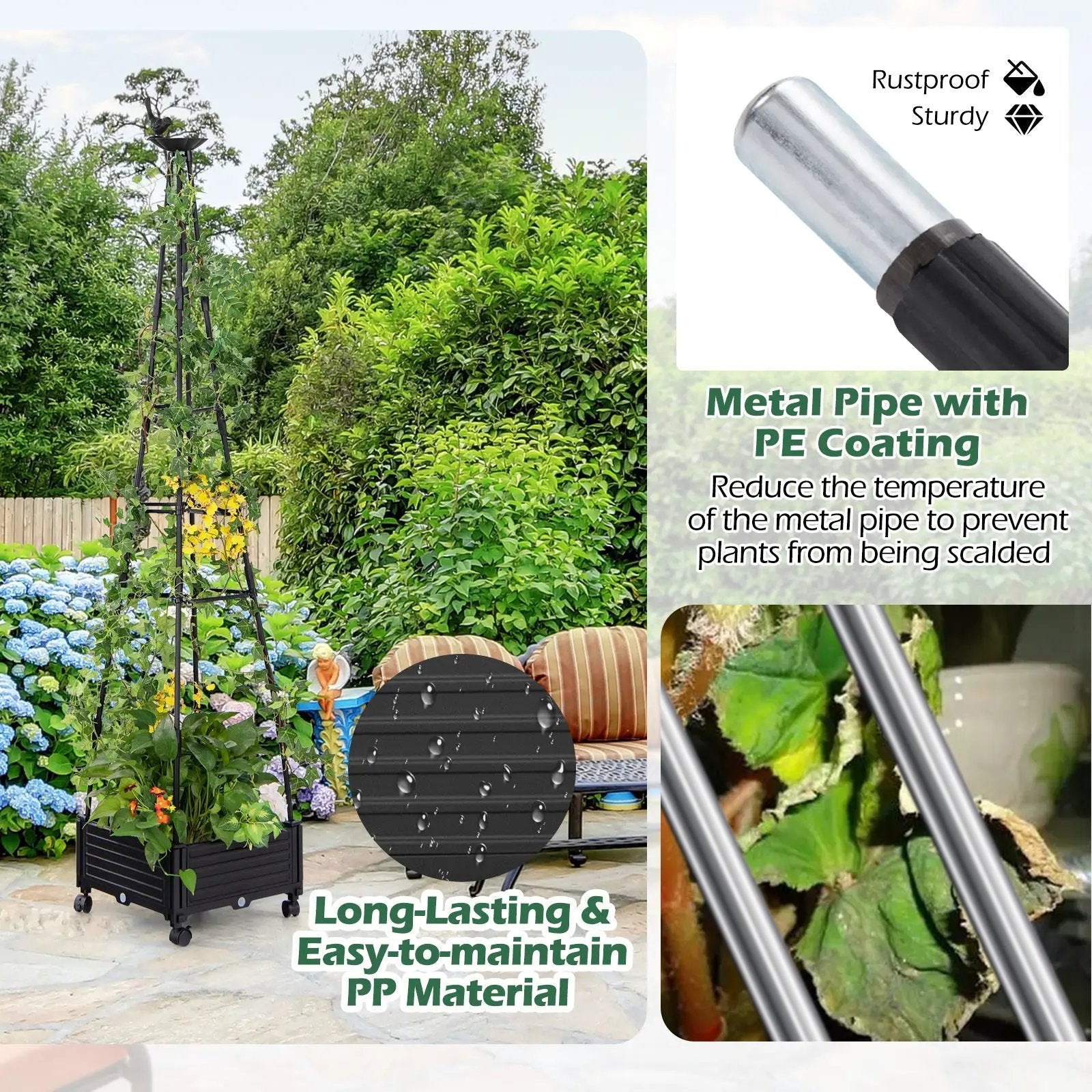 Garden Obelisk Trellis with Self-Drainage System for Climbing Plants-Black by DirectDeals