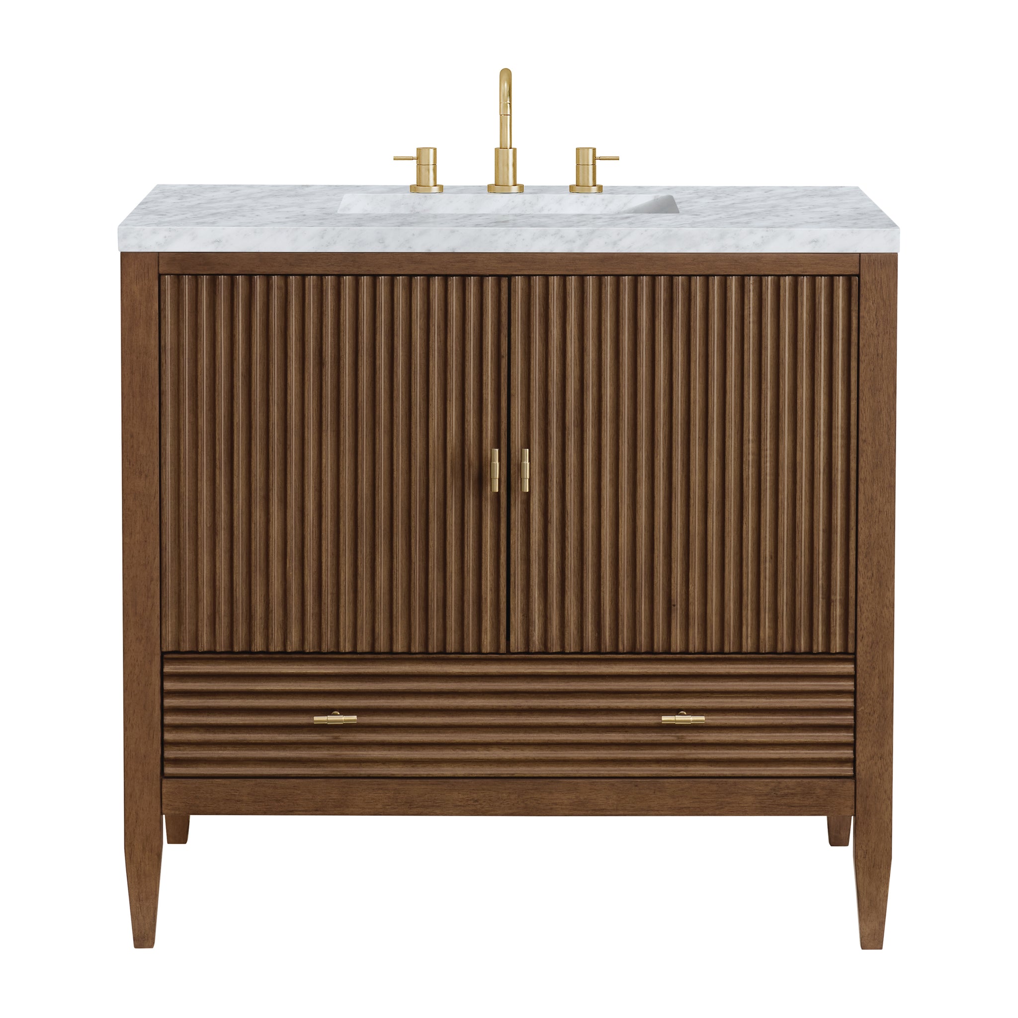 James Martin Myrrin 36" Single Bathroom Vanity, Mid-Century Walnut with Carrara White countertop