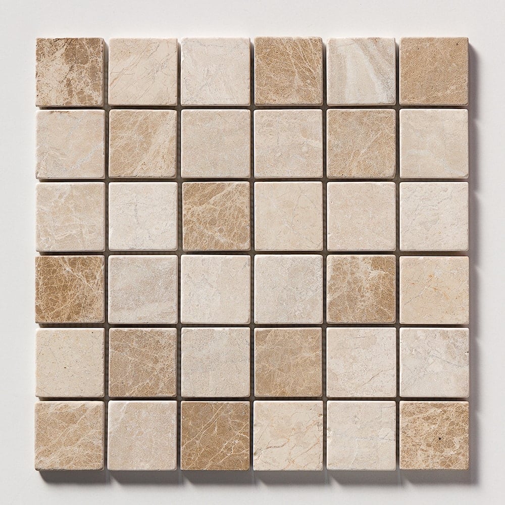 Geneve, Rome Blend Tumbled 2x2 Marble Mosaics 12x12 Marble Tumbled 12x12 Mosaics
