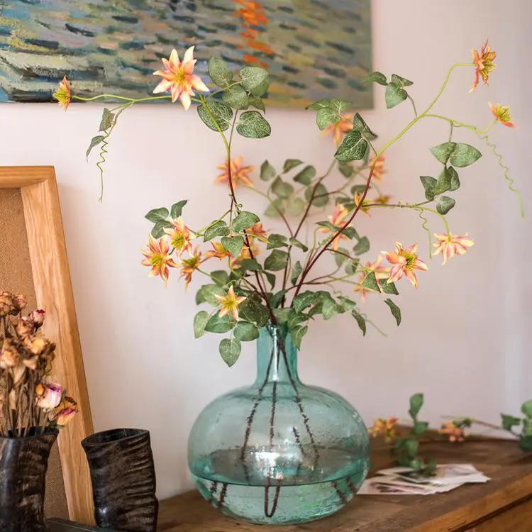 Faux Silk Artificial German Clematis Flower Stem in Orange 40" Tall by RusticReach