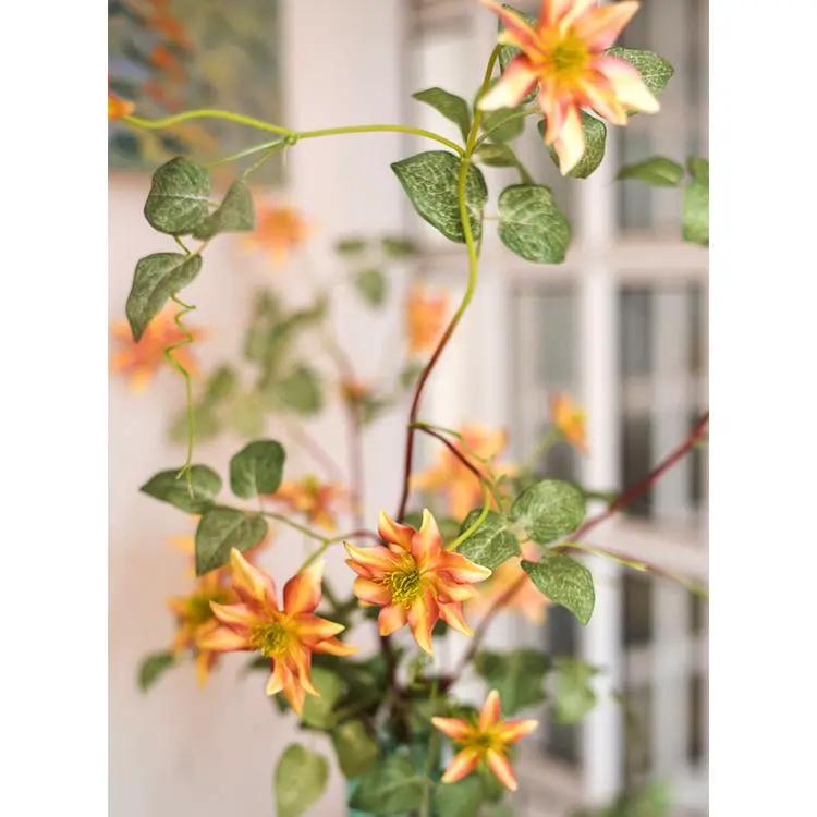 Faux Silk Artificial German Clematis Flower Stem in Orange 40" Tall by RusticReach