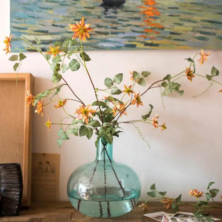 Faux Silk Artificial German Clematis Flower Stem in Orange 40" Tall by RusticReach