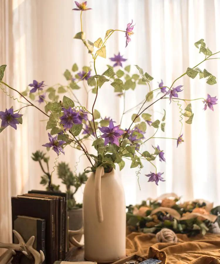 Faux Silk German Clematis Flower Stem in Purple 40" Tall by RusticReach