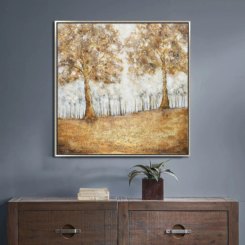 Hand Painted Acrylic Wall Art Golden Forrest on a 39 x 39 Square Canvas with a Champagne Wooden Frame by Sharicks