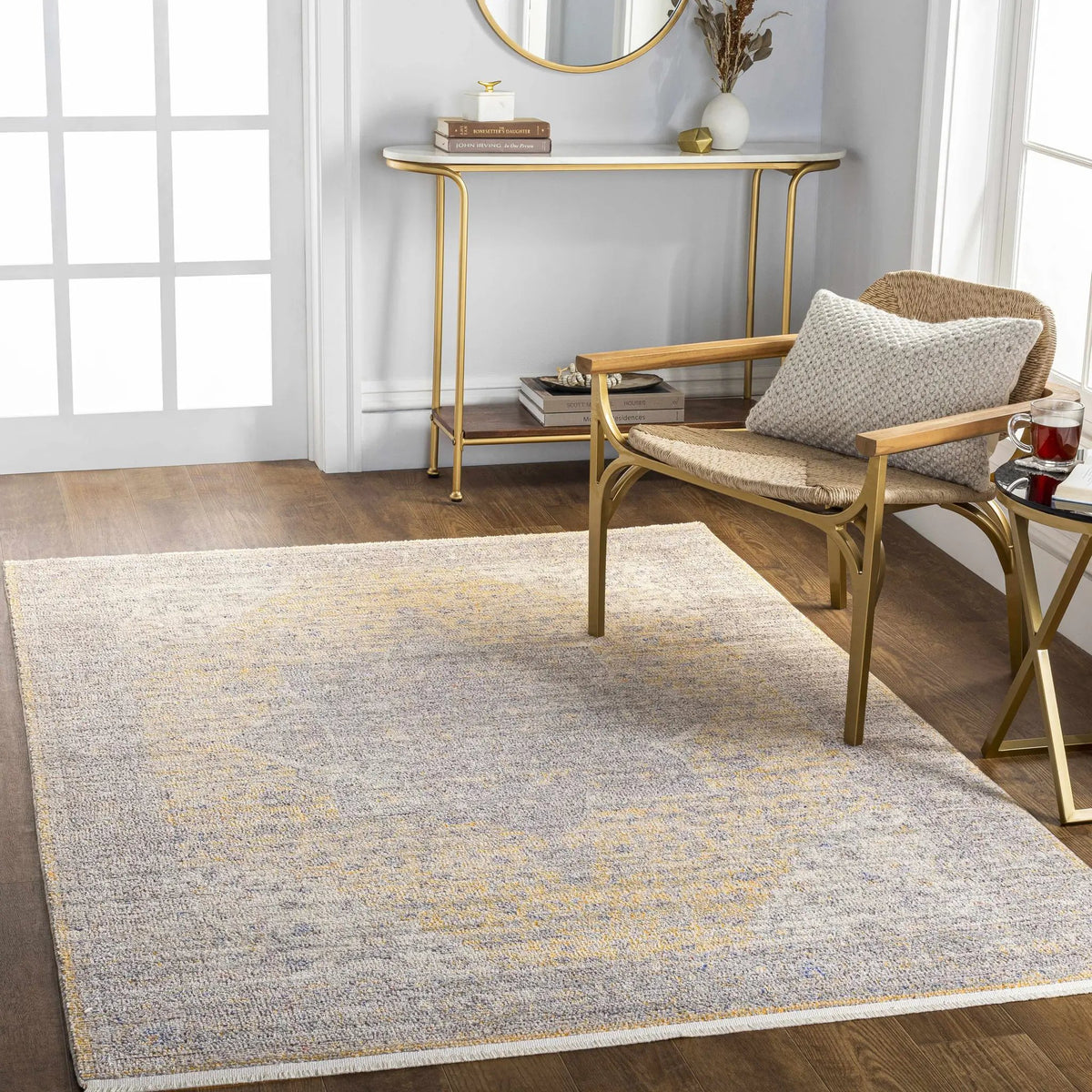 Misa Mustard & Gray Area Rug - Clearance, installed in a room