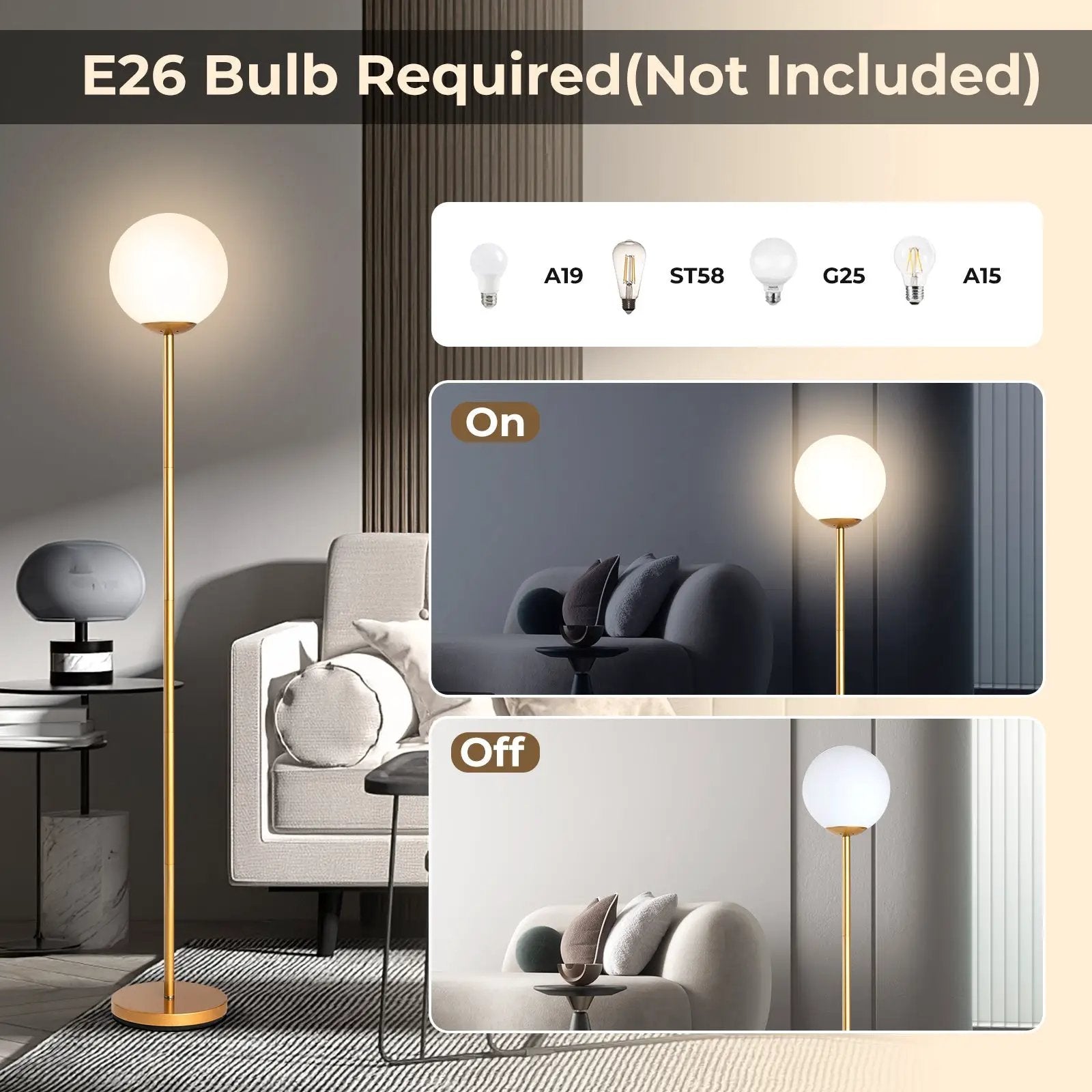 Glass Globe LED Floor Lamp with Glass Lampshade-Golden by DirectDeals