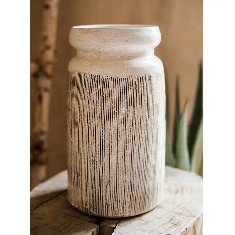Glazed Ceramic Abstract Brown Stripe White Vase by RusticReach